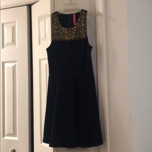 Navy blue and gold skater dress